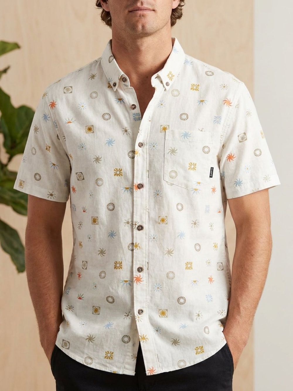 Billabong Cream Short-Sleeve Button-Down Shirt with Multicolor Motif